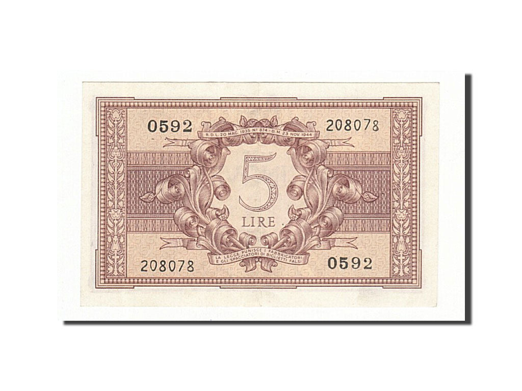 Italy, 5 Lire, 1944, KM:31c, 1944-11-23, AU(55-58)