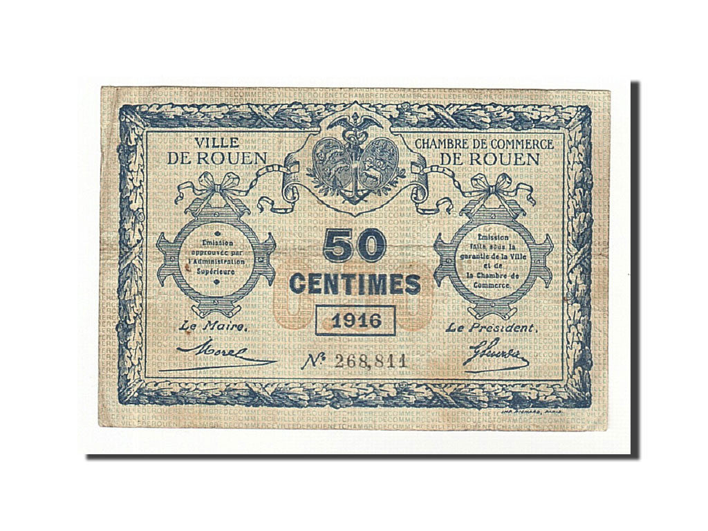 Banconote, Pirot:110-18, MB+, Rouen, 50 Centimes, 1916, Francia