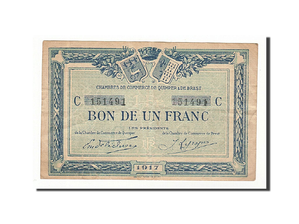 Billet, France, Quimper et Brest, 1 Franc, 1917, TTB, Pirot:104-8