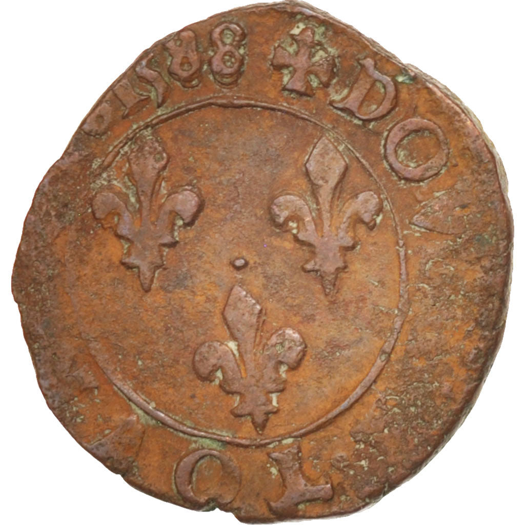 France, Henri III, Double Tournois, 1588, Rennes, TB, Cuivre, Sombart:4084