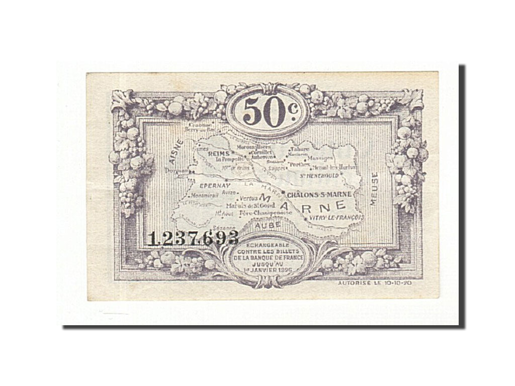 Banknote, Pirot:43-1, 50 Centimes, 1920, France, AU(50-53), Reims