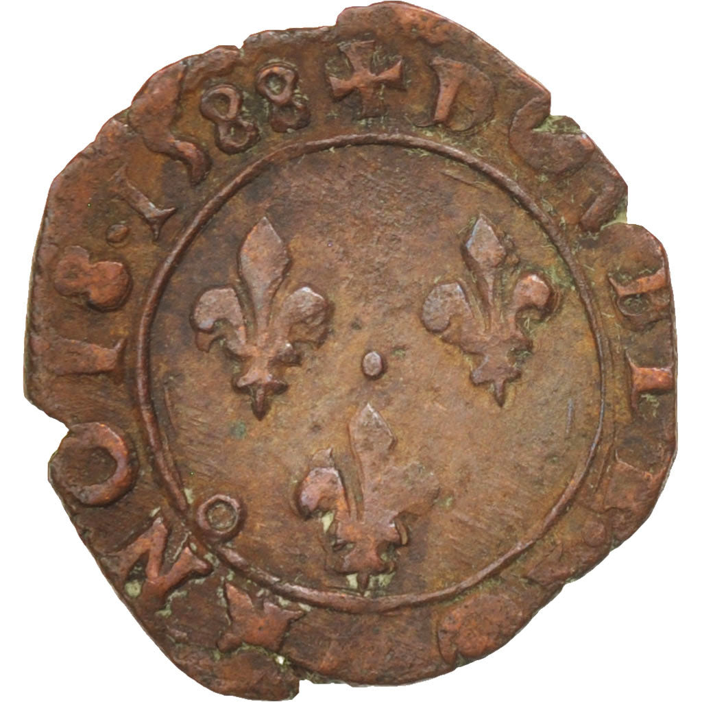France, Henri III, Double Tournois, 1588, Rennes, VF(30-35), Copper,Sombart:4084