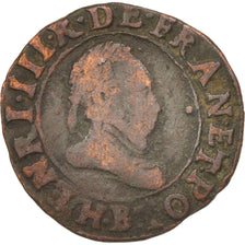 France, Henri III, Double Tournois, 1589, Rouen, VF(20-25), Cuivre, Sombart:4092