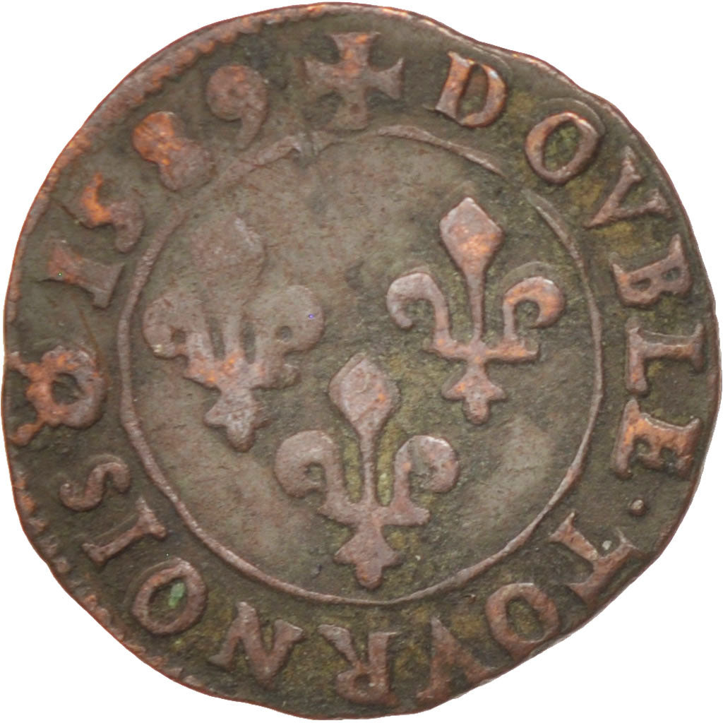 France, Henri III, Double Tournois, 1589, Rouen, VF(20-25), Cuivre, Sombart:4092