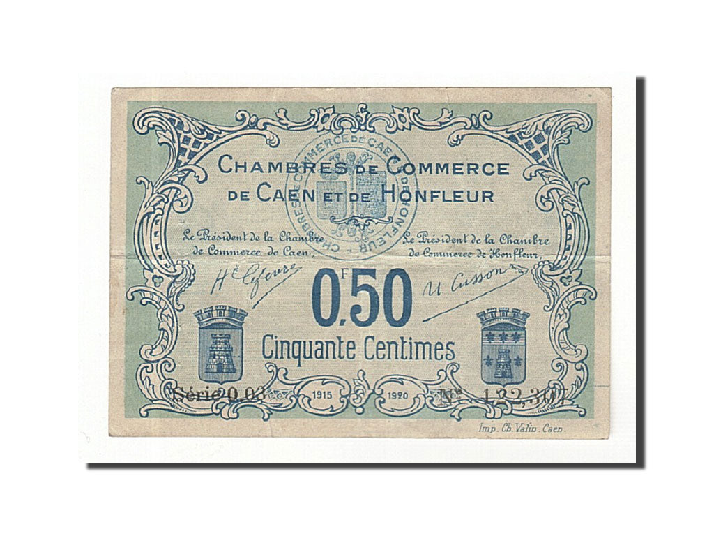 Banknote, Pirot:34-4, 50 Centimes, France, EF(40-45), Caen et Honfleur