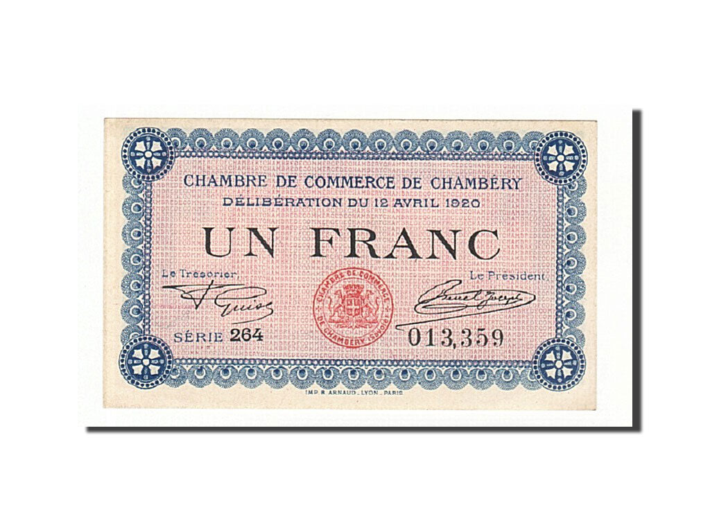 Banconote, Pirot:44-14, SPL, Chambéry, 1 Franc, 1920, Francia