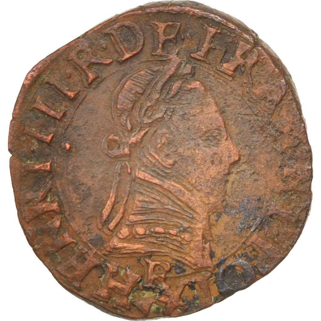 France, Henri III, Double Tournois, 1589, Tours, TB+, Cuivre, Sombart:4104