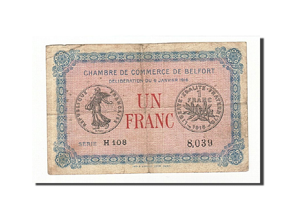 France, Belfort, 1 Franc, 1916, VF(30-35), Pirot:23-21