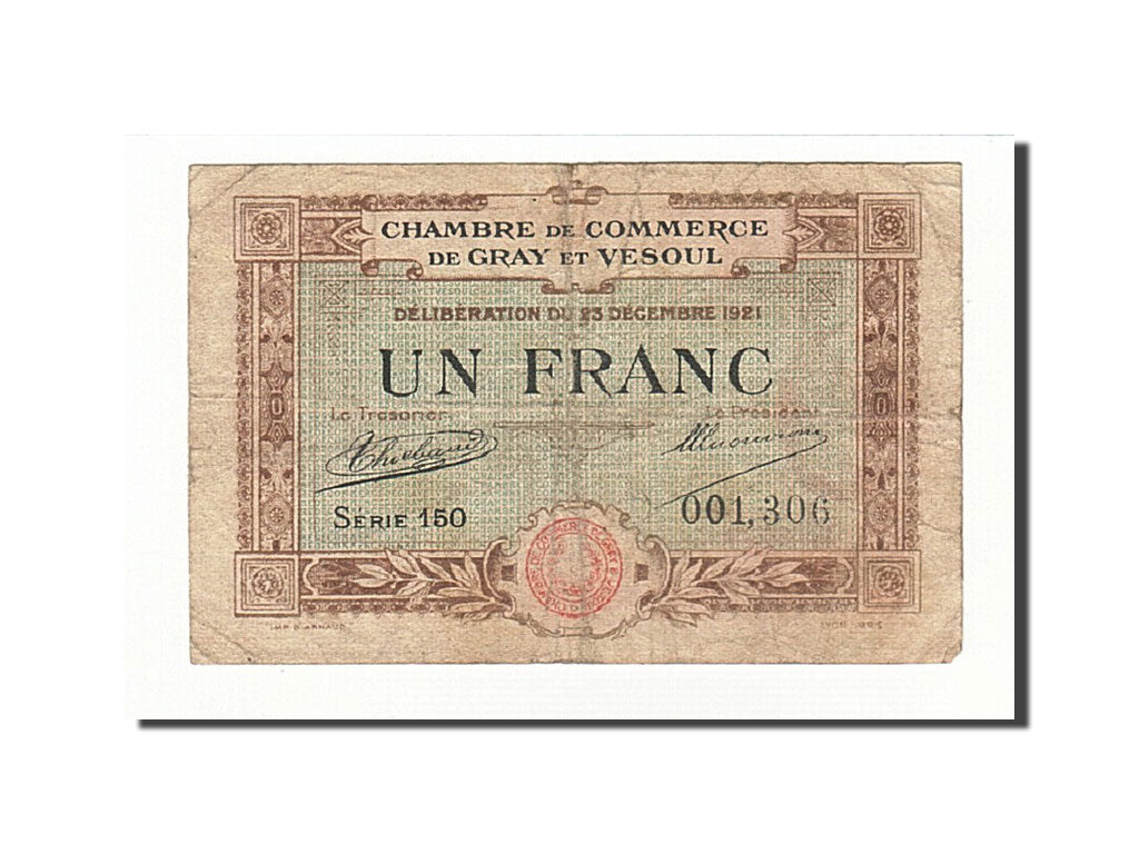 France, Gray et Vesoul, 1 Franc, 1921, B+, Pirot:62-21