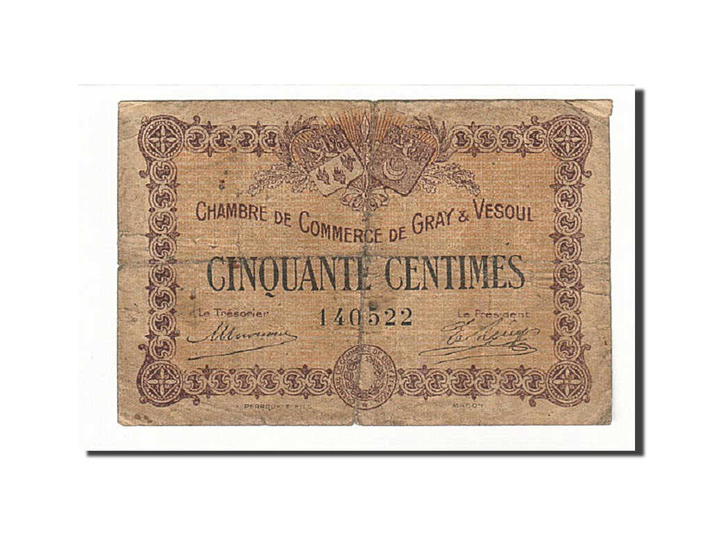 Banknote, Pirot:62-1, 50 Centimes, 1915, France, F(12-15), Gray et Vesoul