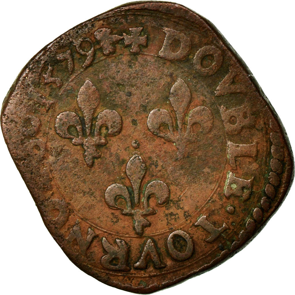 Munten, Frankrijk, Double Tournois, 1579, La Rochelle, ZG+, Koper, Sombart:4044
