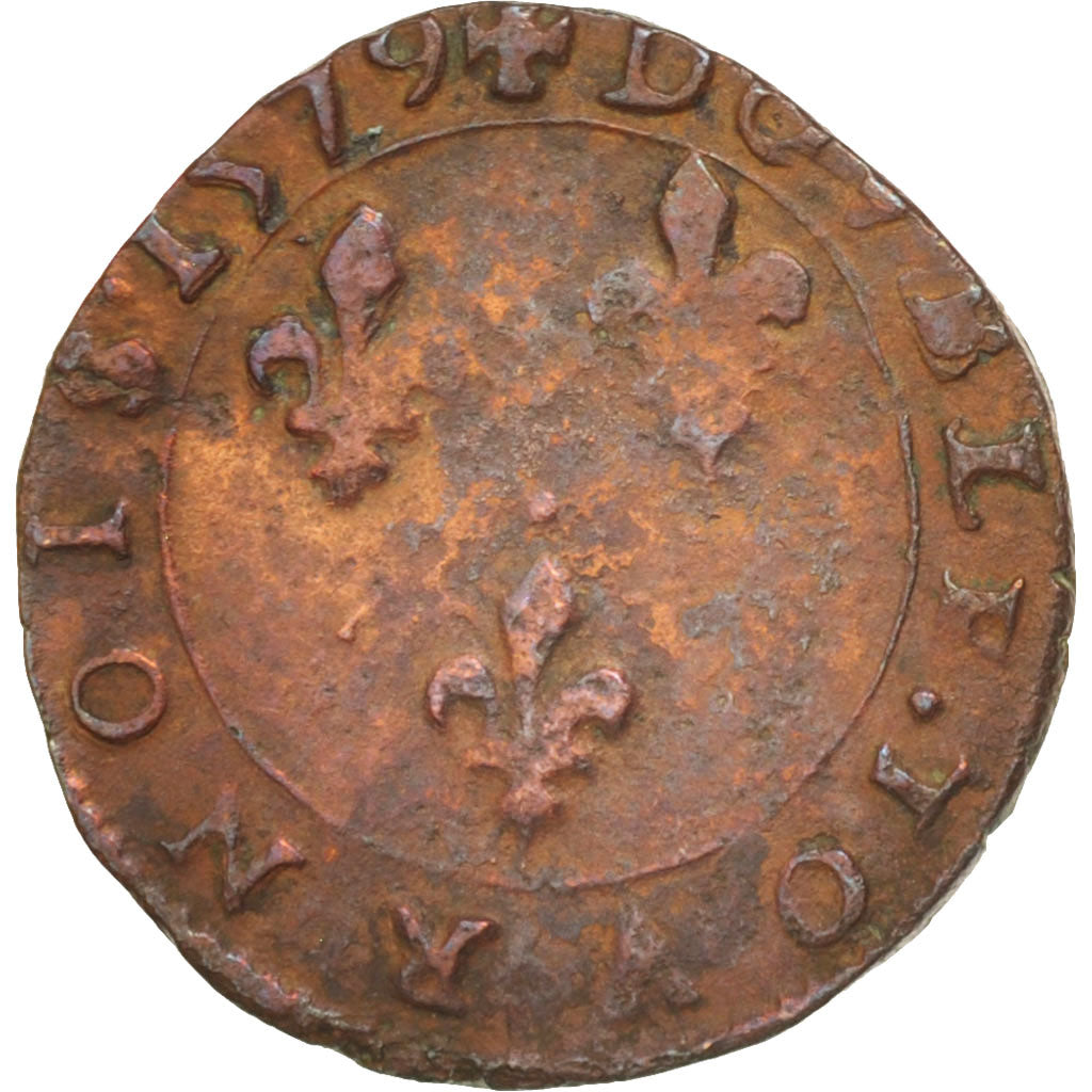 France, Double Tournois, 1579, Rennes, VF(20-25), Copper, Sombart:4084