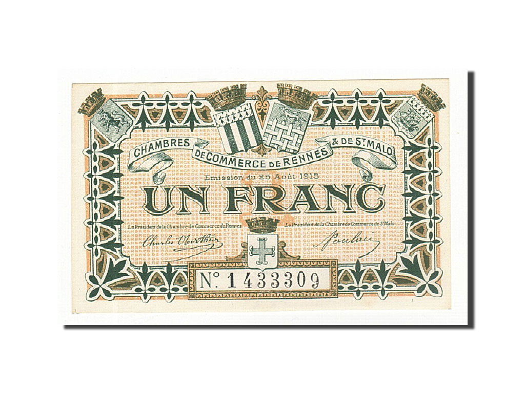 France, Rennes et Saint-Malo, 1 Franc, 1915, UNC(65-70), Pirot:105-9