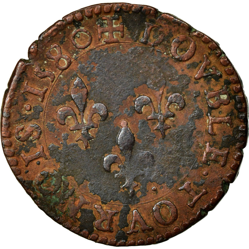 Coin, France, Double Tournois, 1580, Poitiers, VF(30-35), Cuivre, Sombart:4080