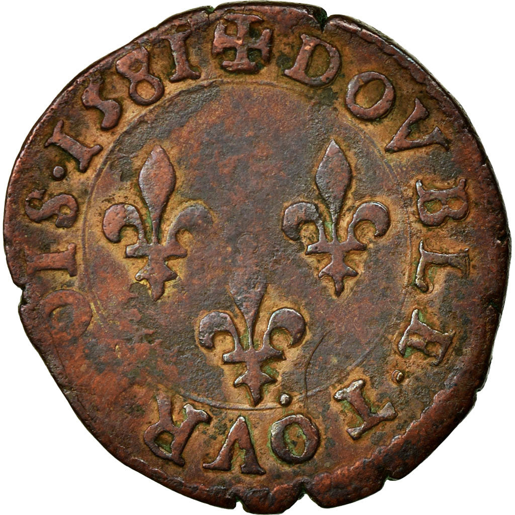 Monnaie, France, Double Tournois, 1581, Poitiers, TB, Cuivre, Sombart:4080