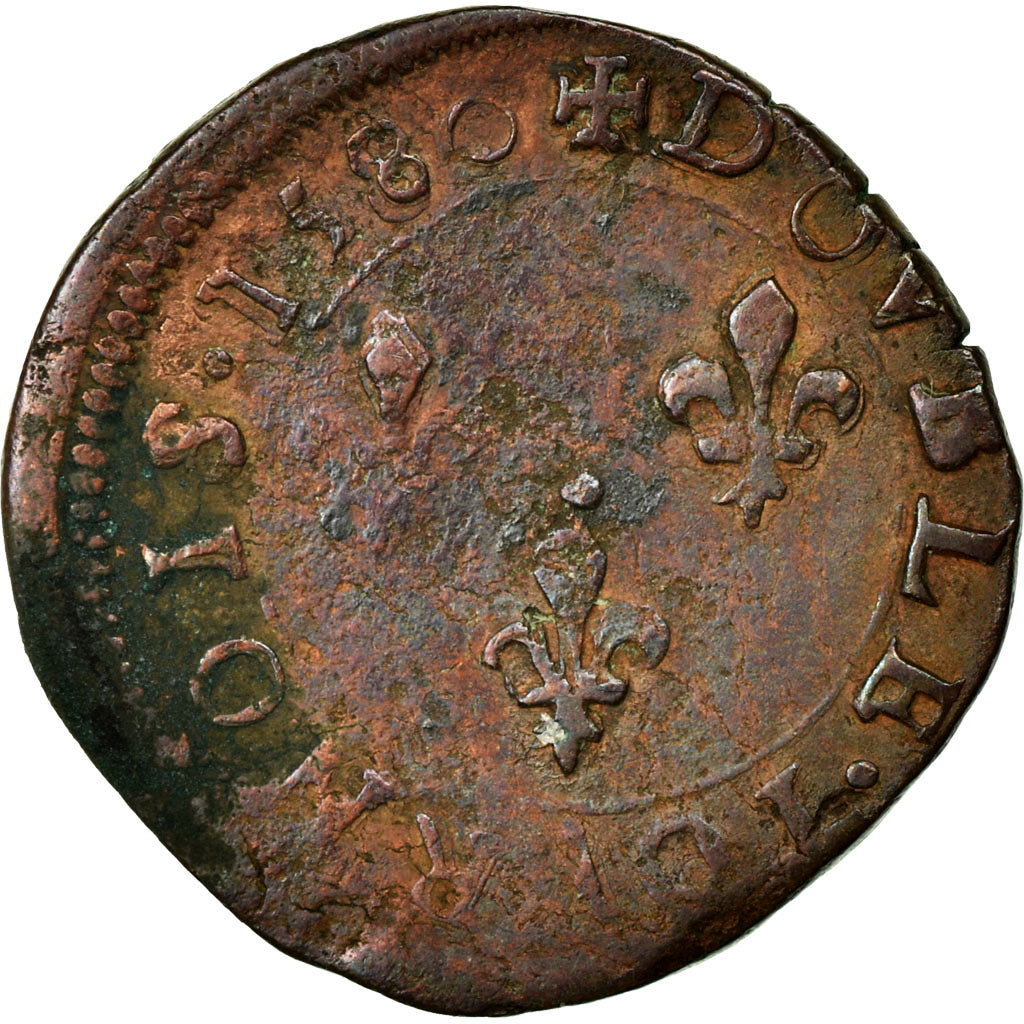 Moneta, Francia, Double Tournois, 1580, Tours, MB+, Rame, Sombart:4104