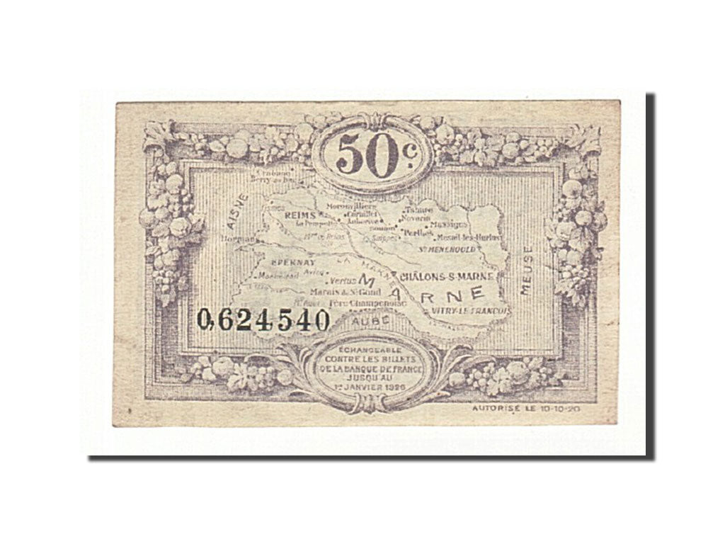 Banknote, Pirot:43-1, 50 Centimes, 1920, France, EF(40-45), Reims