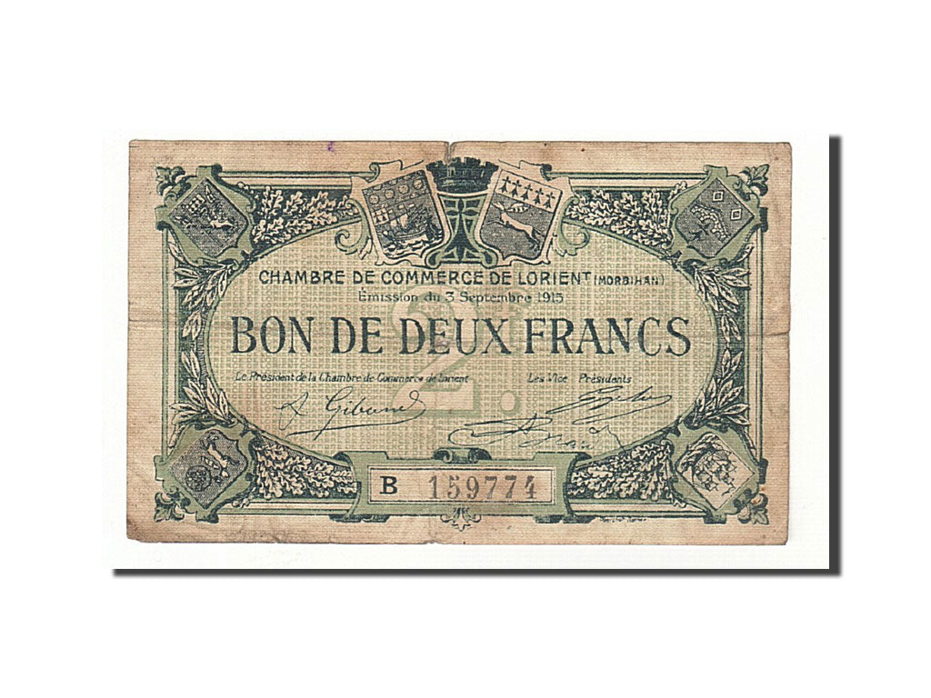 France, Lorient, 2 Francs, 1915, VF(20-25), Pirot:75-28