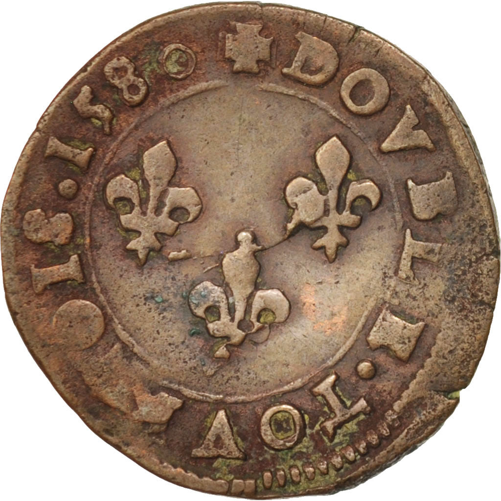 France, Double Tournois, 1580, Tours, VF(30-35), Copper, Sombart:4104