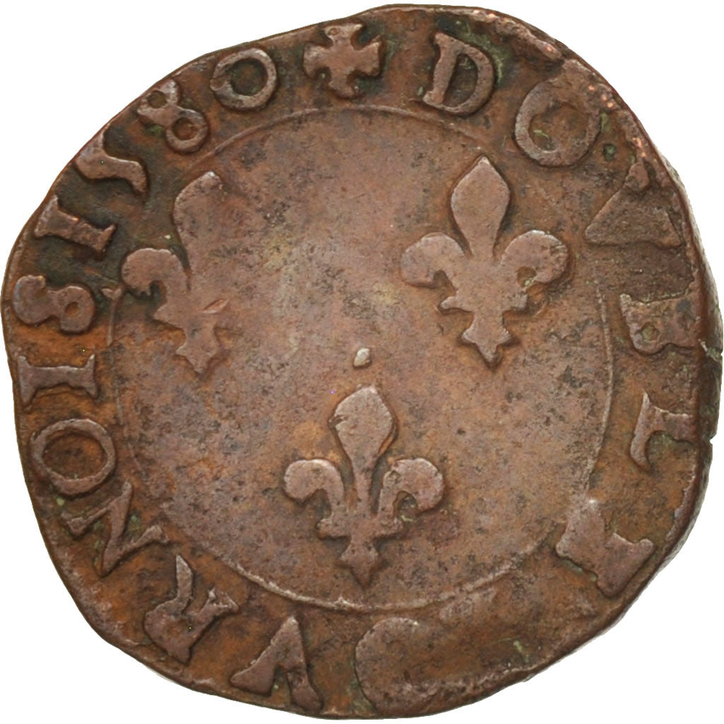 France, Double Tournois, 1580, Rennes, TB, Cuivre, Sombart:4084