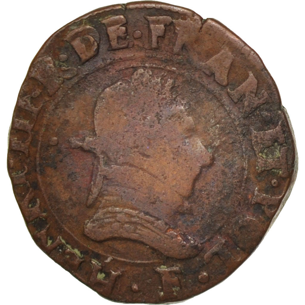 France, Double Tournois, 1581, Angers, VF(20-25), Copper, Sombart:4008