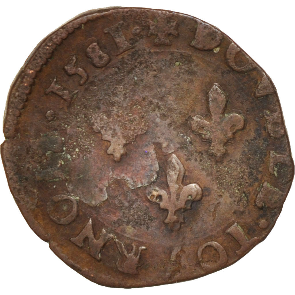 France, Double Tournois, 1581, Angers, VF(20-25), Copper, Sombart:4008