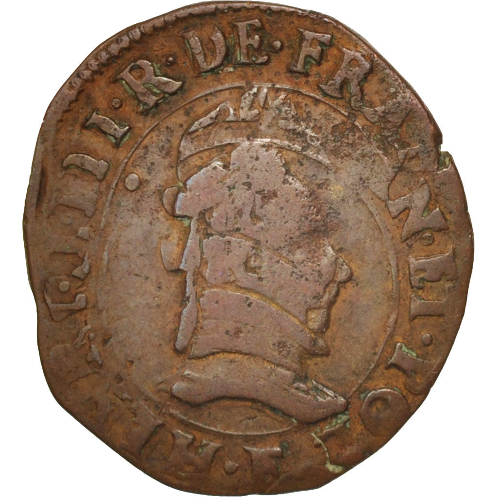 France, Double Tournois, 1581, Angers, VF(30-35), Copper, Sombart:4008