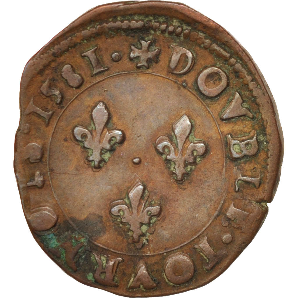 France, Double Tournois, 1581, Angers, VF(30-35), Copper, Sombart:4008