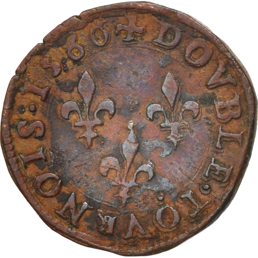 Frankreich, Double Tournois, 1586, Poitiers, VF(20-25), Copper, Sombart:4080