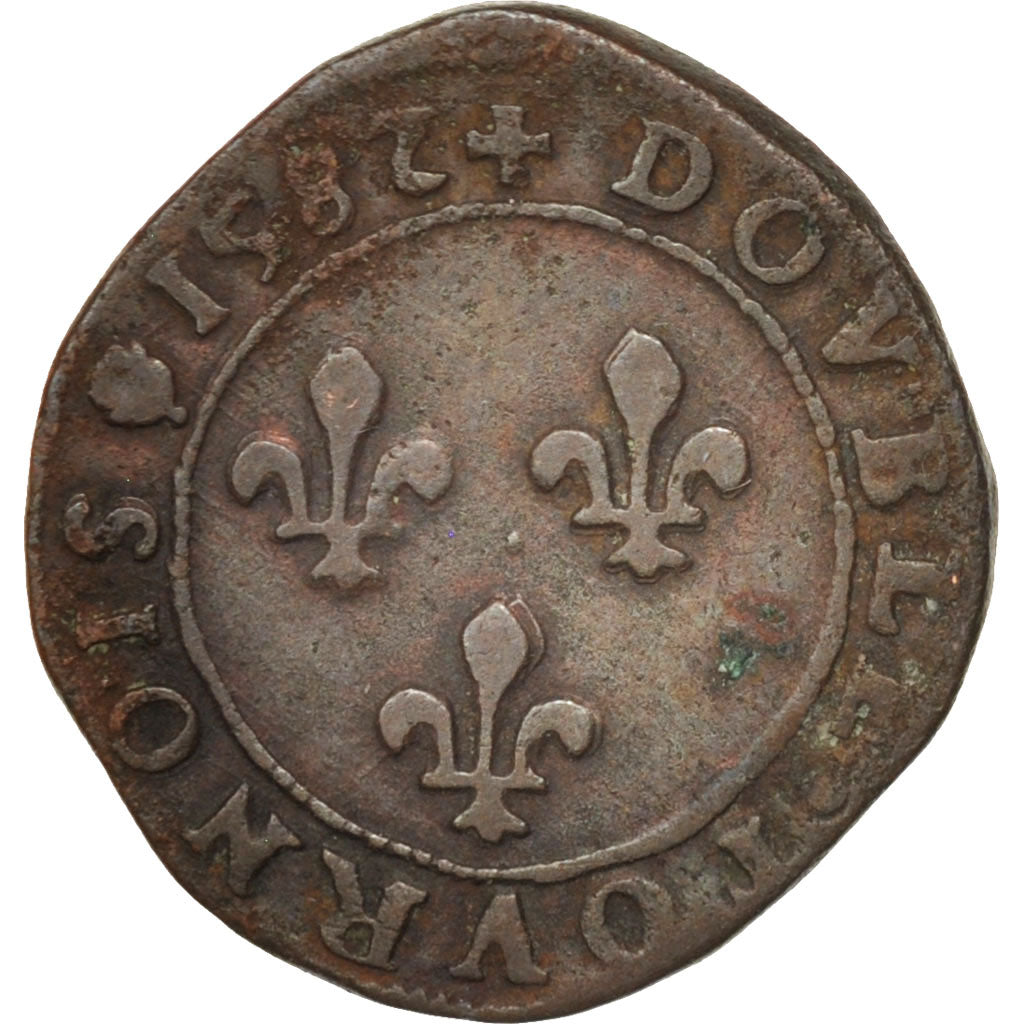 France, Double Tournois, 1582, Rouen, VF(20-25), Copper, Sombart:4092
