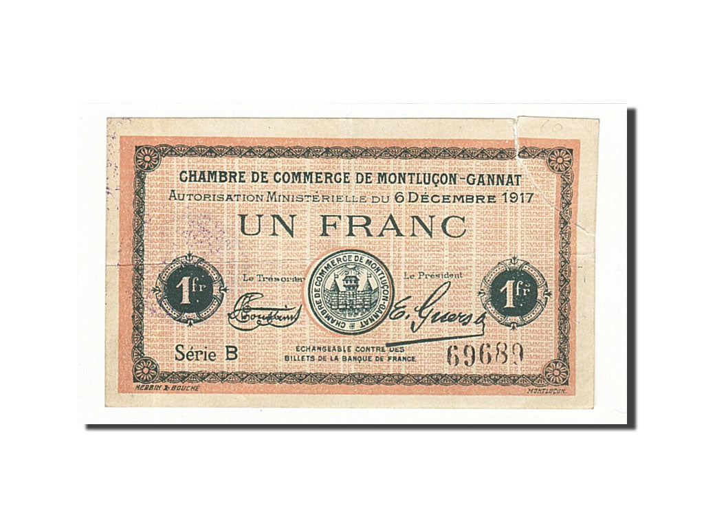 Banknote, Pirot:84-37, 1 Franc, 1917, France, EF(40-45), Montluçon