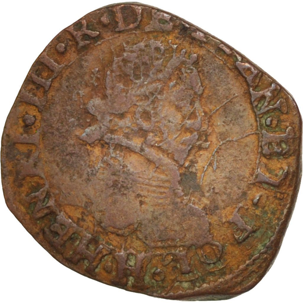 France, Double Tournois, 1587, La Rochelle, VF(20-25), Copper, Sombart:4048