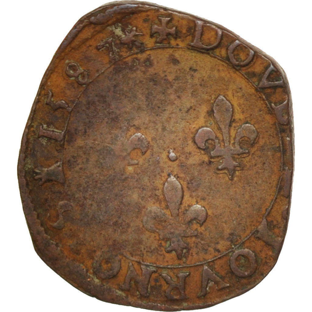 France, Double Tournois, 1587, La Rochelle, VF(20-25), Copper, Sombart:4048