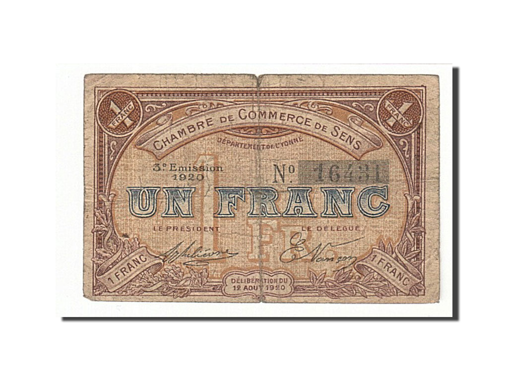 Banknote, Pirot:118-12, 1 Franc, 1920, France, VF(20-25), Sens