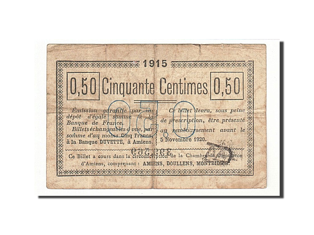 France, Amiens, 50 Centimes, 1915, TB, Pirot:7-14