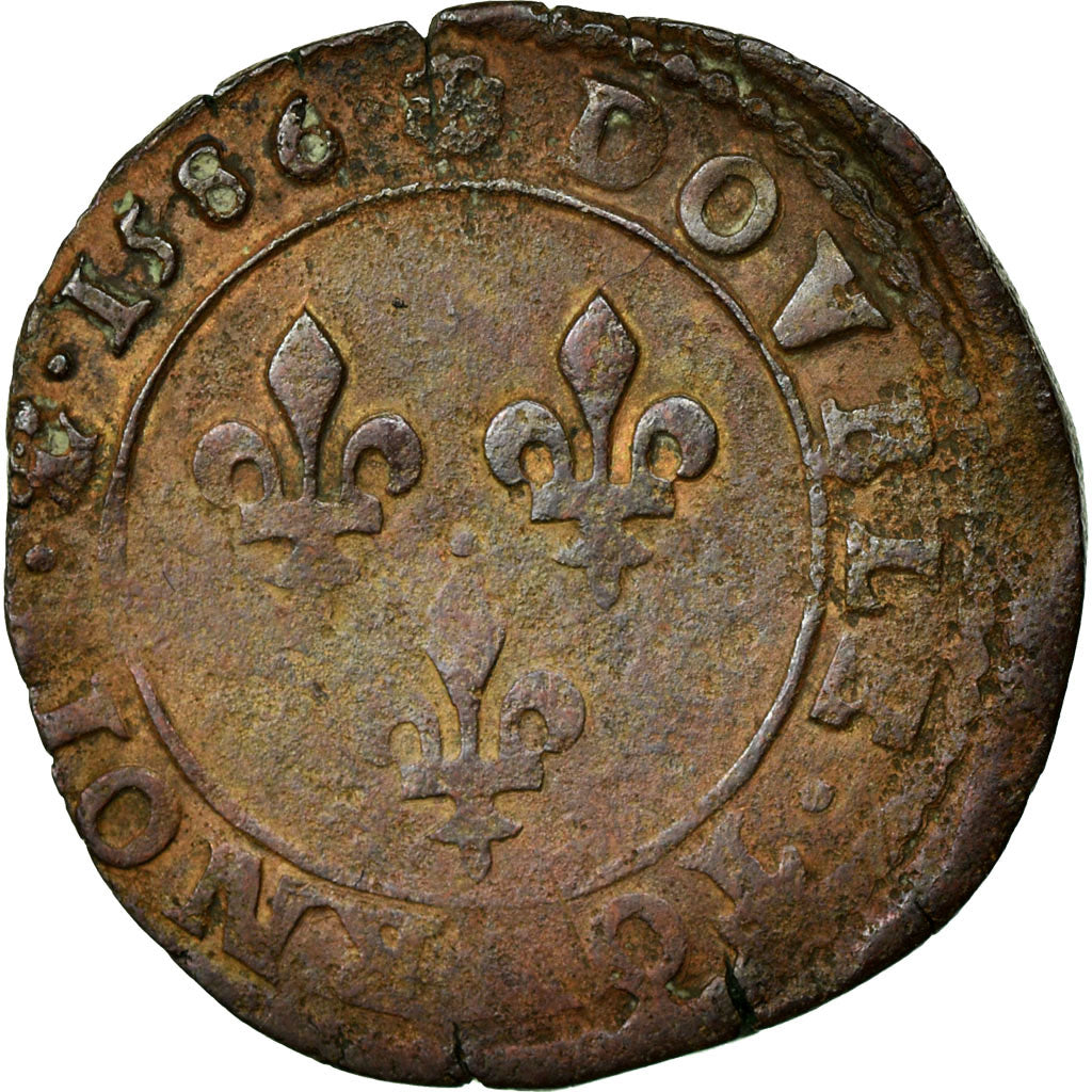 Coin, France, Double Tournois, 1586, Saint Lô, VF(20-25), Copper, Sombart:4096