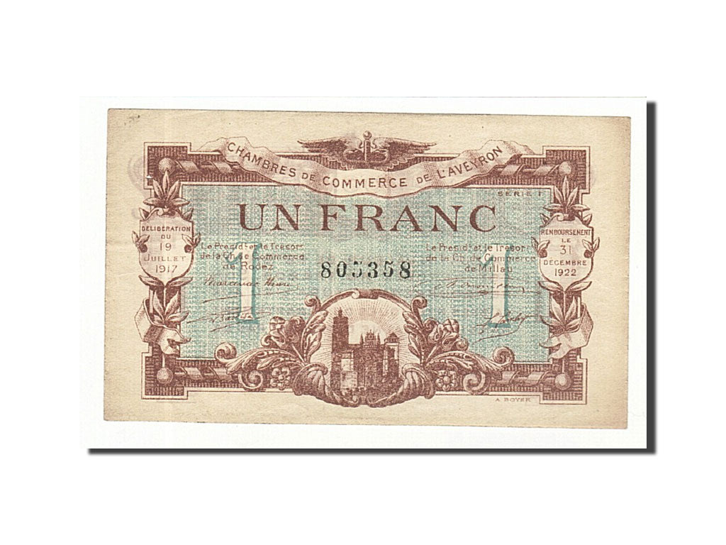 Banknote, Pirot:108-14, 1 Franc, 1917, France, UNC(60-62), Rodez