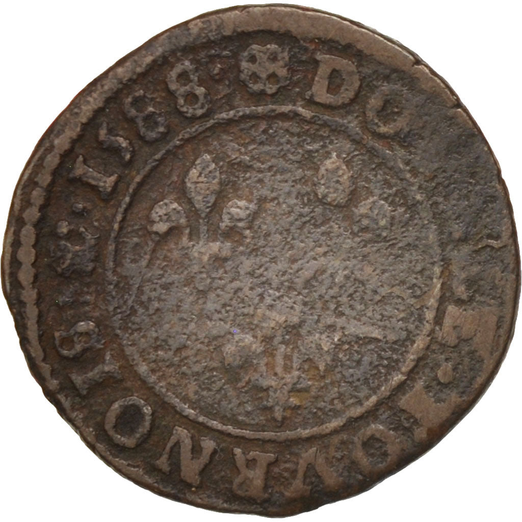 Frankreich, Double Tournois, 1588, Saint Lô, F(12-15), Copper, Sombart:4096