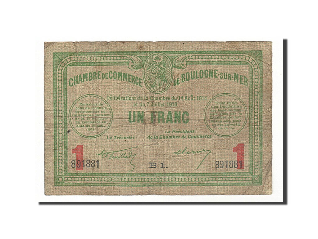 Francia, Boulogne-sur-Mer, 1 Franc, 1916, MB, Pirot:31-19