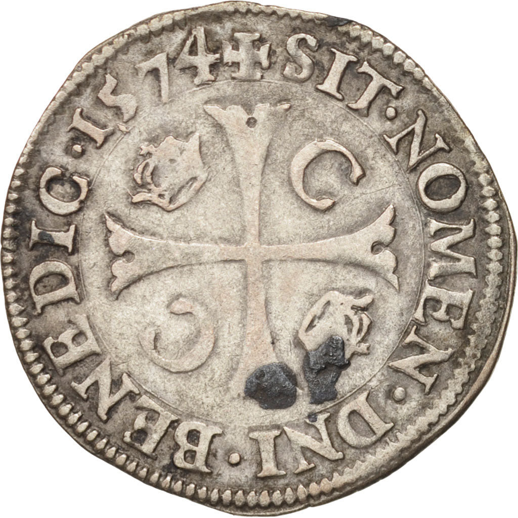 France, Douzain aux 2 C couronnés, 1574, Poitiers, EF(40-45),Billon,Sombart:4394
