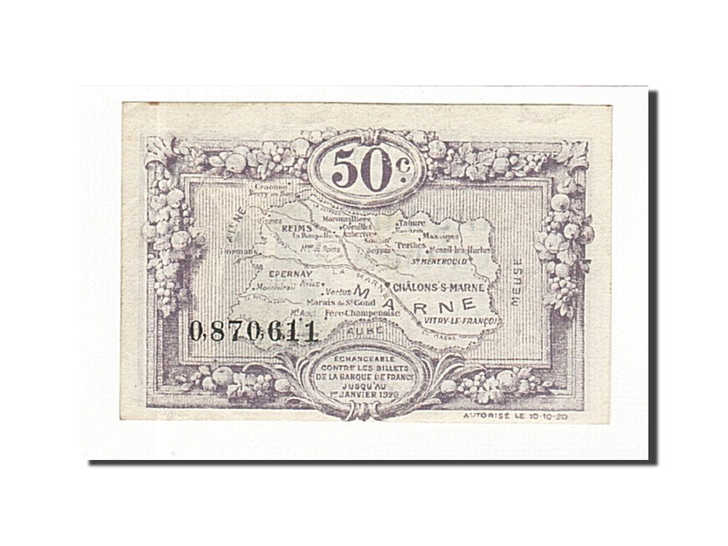 Banknote, Pirot:43-1, 50 Centimes, 1920, France, UNC(63), Reims