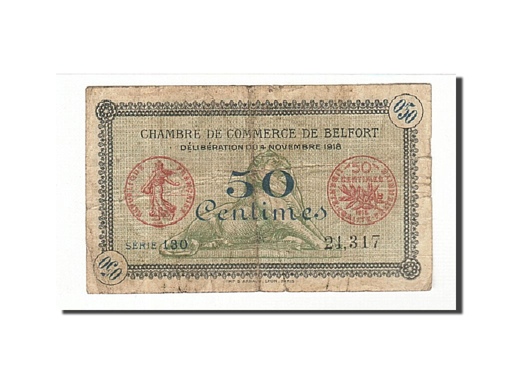 France, Belfort, 50 Centimes, 1918, TB, Pirot:23-34