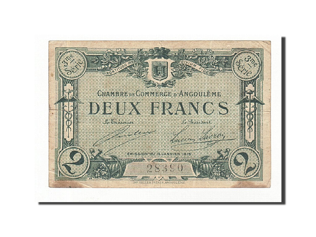 Banconote, Pirot:9-18, MB+, Angoulême, 2 Francs, 1915, Francia