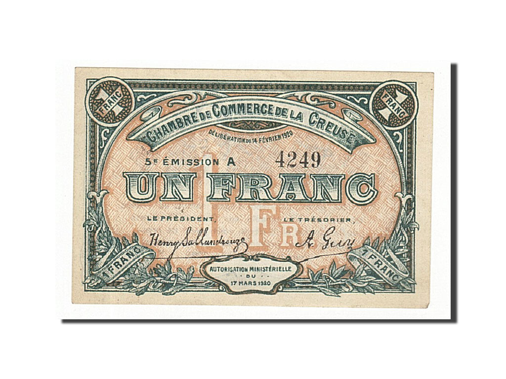 Banknote, Pirot:64-20, 1 Franc, 1920, France, UNC(63), Gueret