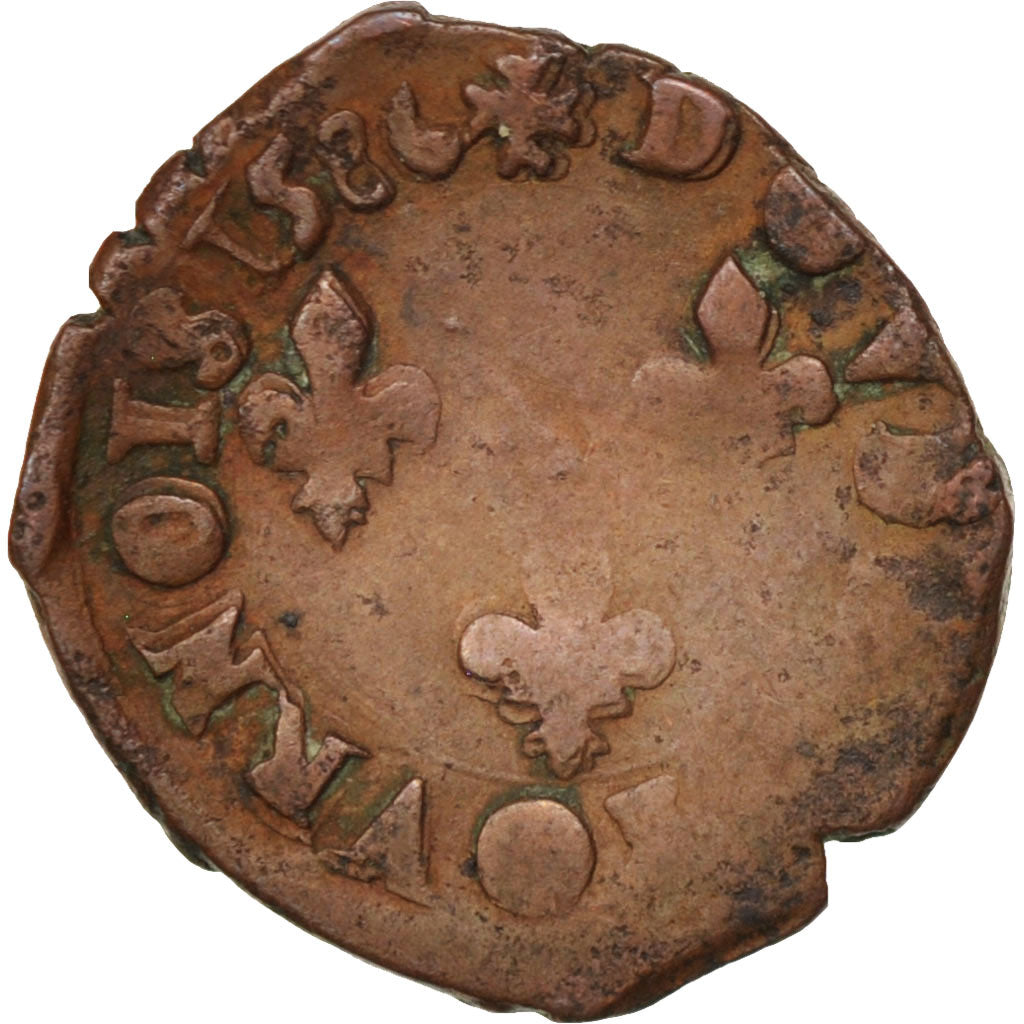 France, Double Tournois, 1586, Angers, VF(20-25), Copper, Sombart:4008