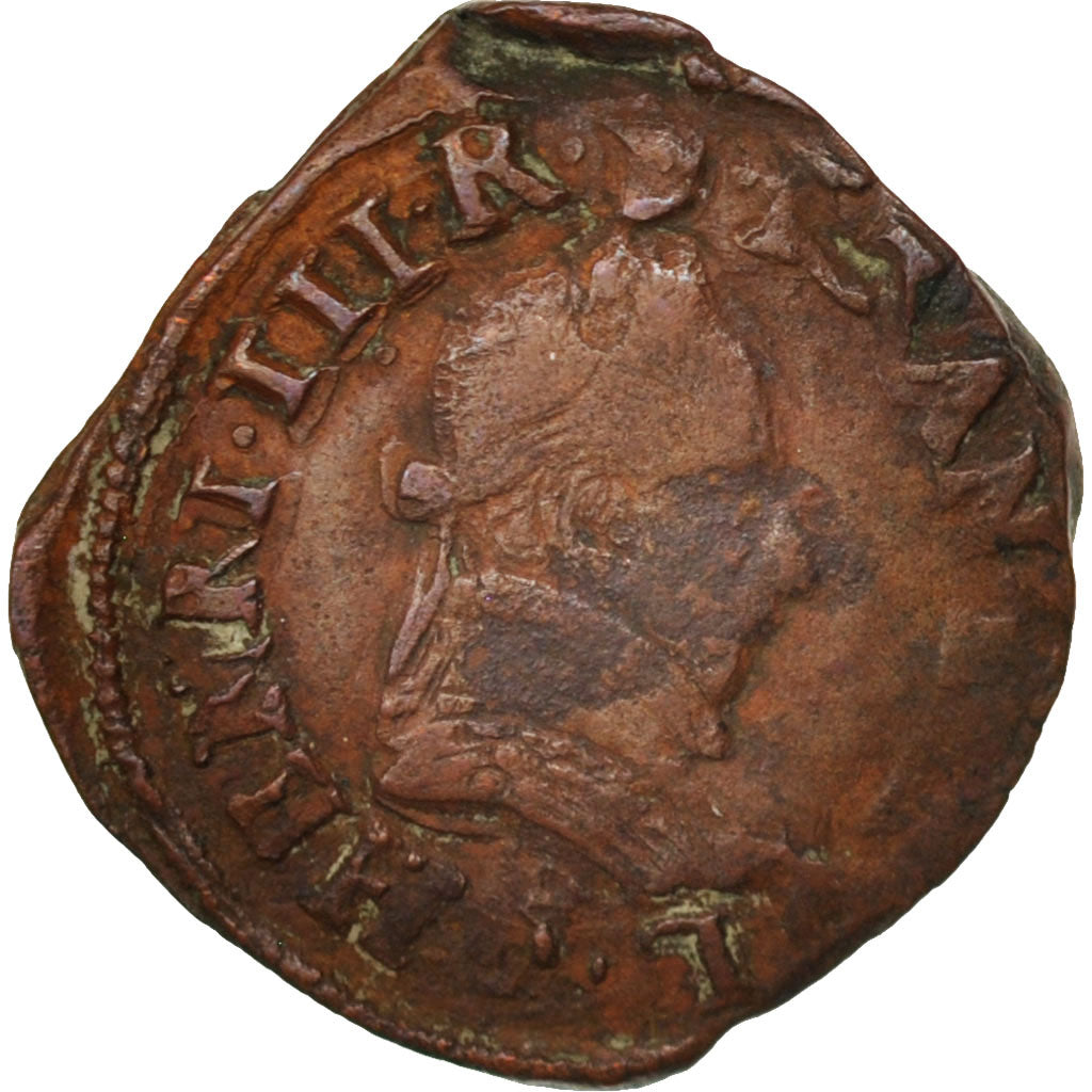 France, Double Tournois, 1586, Angers, VF(30-35), Copper, Sombart:4008