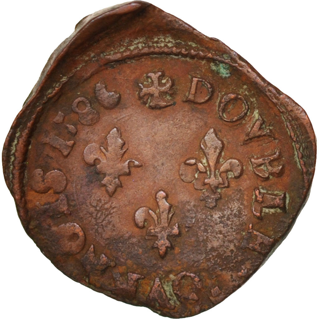 France, Double Tournois, 1586, Angers, VF(30-35), Copper, Sombart:4008