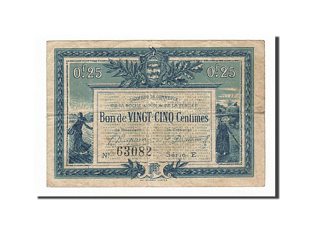 France, La Roche-sur-Yon, 25 Centimes, 1916, VF(20-25), Pirot:65-26