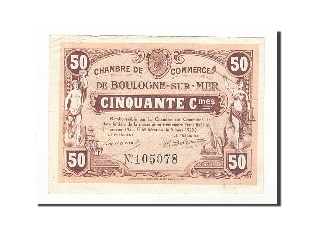 Banknote, Pirot:31-26, 50 Centimes, 1920, France, AU(55-58), Boulogne-sur-Mer