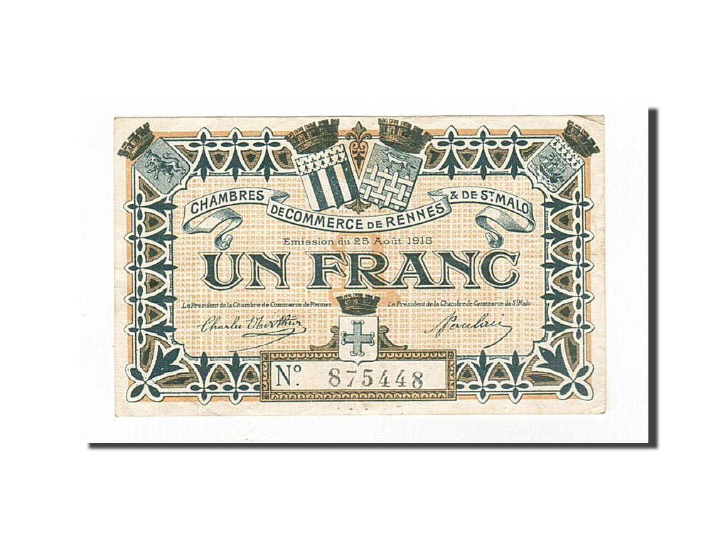 Banknote, Pirot:105-3, 1 Franc, 1915, France, AU(50-53), Rennes et Saint-Malo